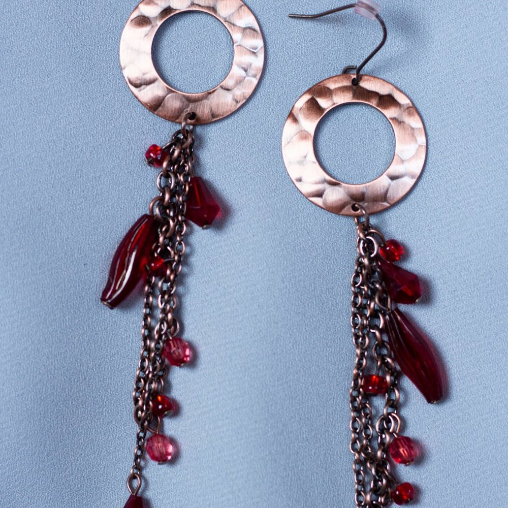 Copper Ruby Drop Hula Hoop Earrings